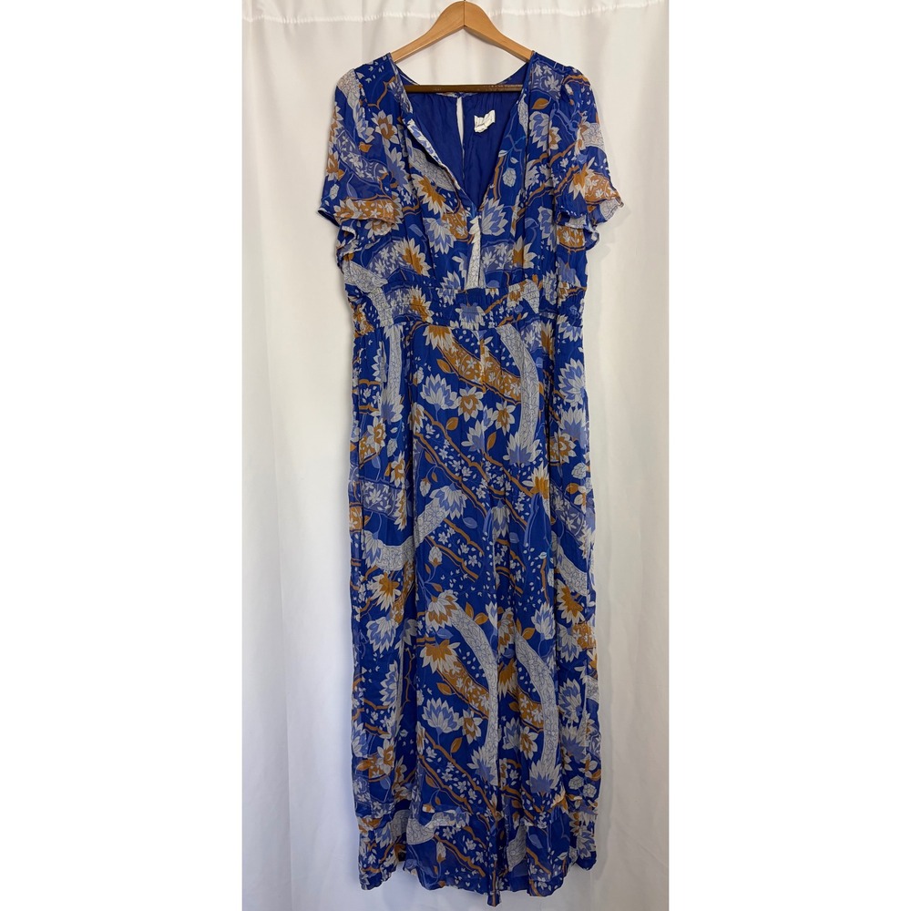 Anthropologie Boho Blue Floral Smocked Waist Wide Leg Jumpsuit Pockets 1X Office